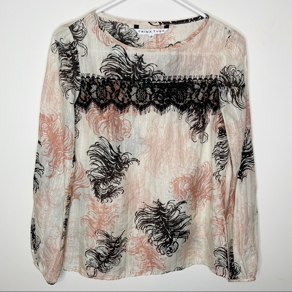 Trina Turk Ivory Black Pink Blouse #2119401 Size 0